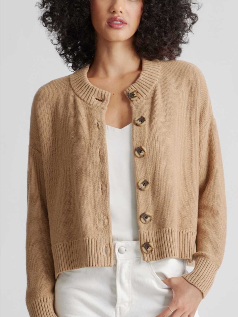 Quince Camel Button-Front Knit Cardigan 100 % Organic Cotton
